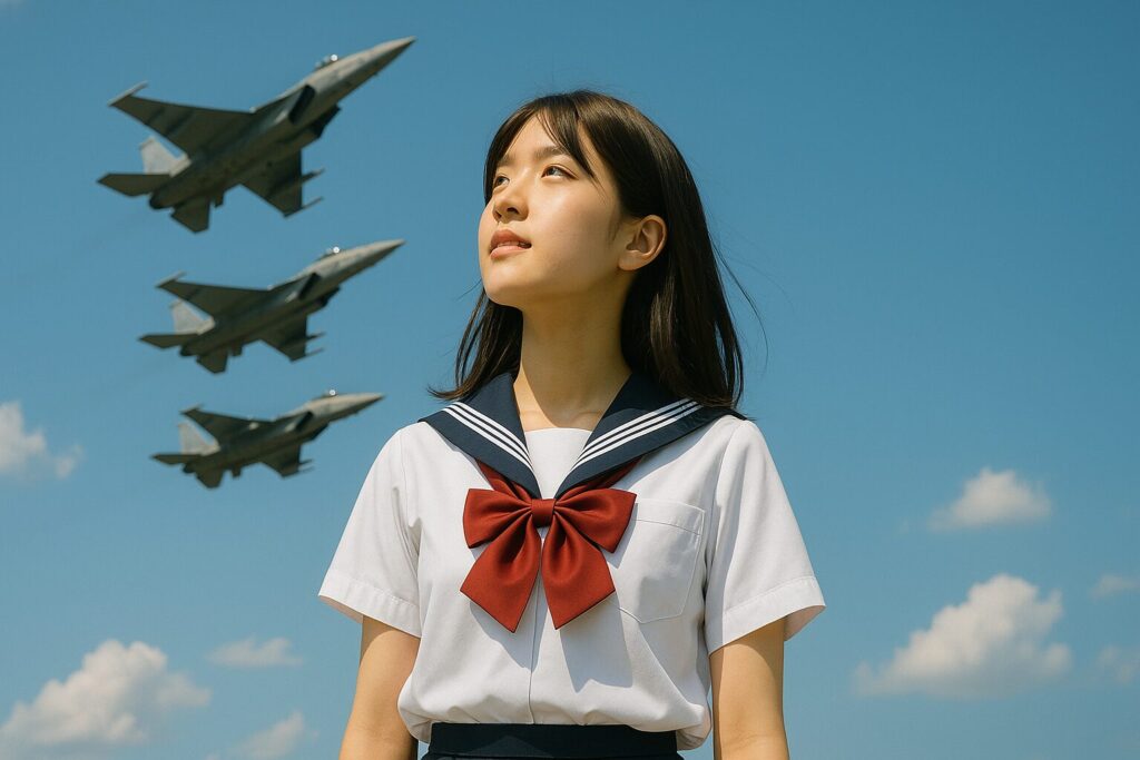 戦闘機を見上げる女子高生