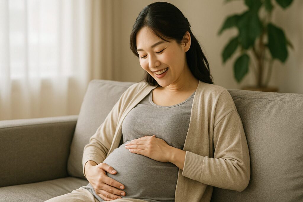 ソファーで自分のお腹に語りかける笑顔の妊婦さん