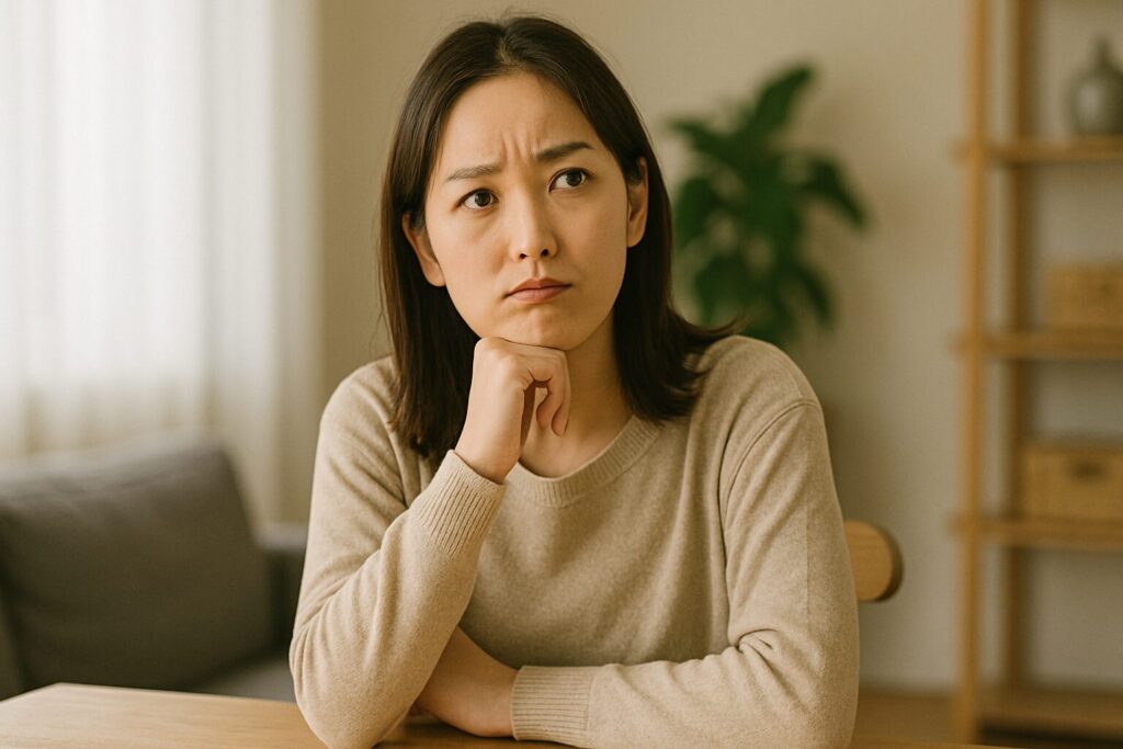 テーブルで顎に手を当てて考え込む女性