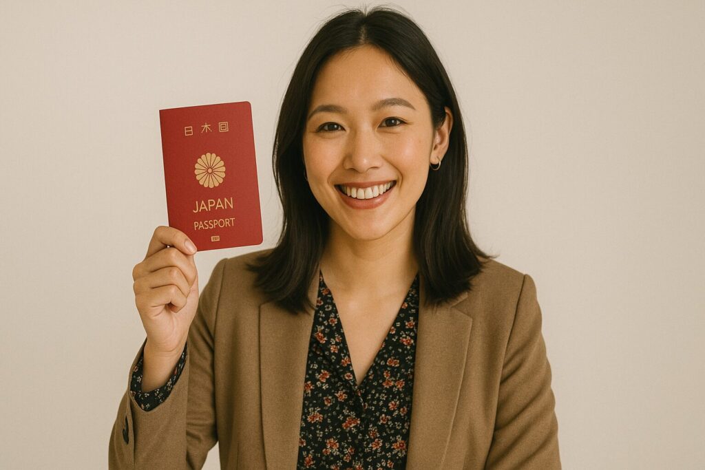 笑顔で日本国の赤いパスポートを見せる女性モデル