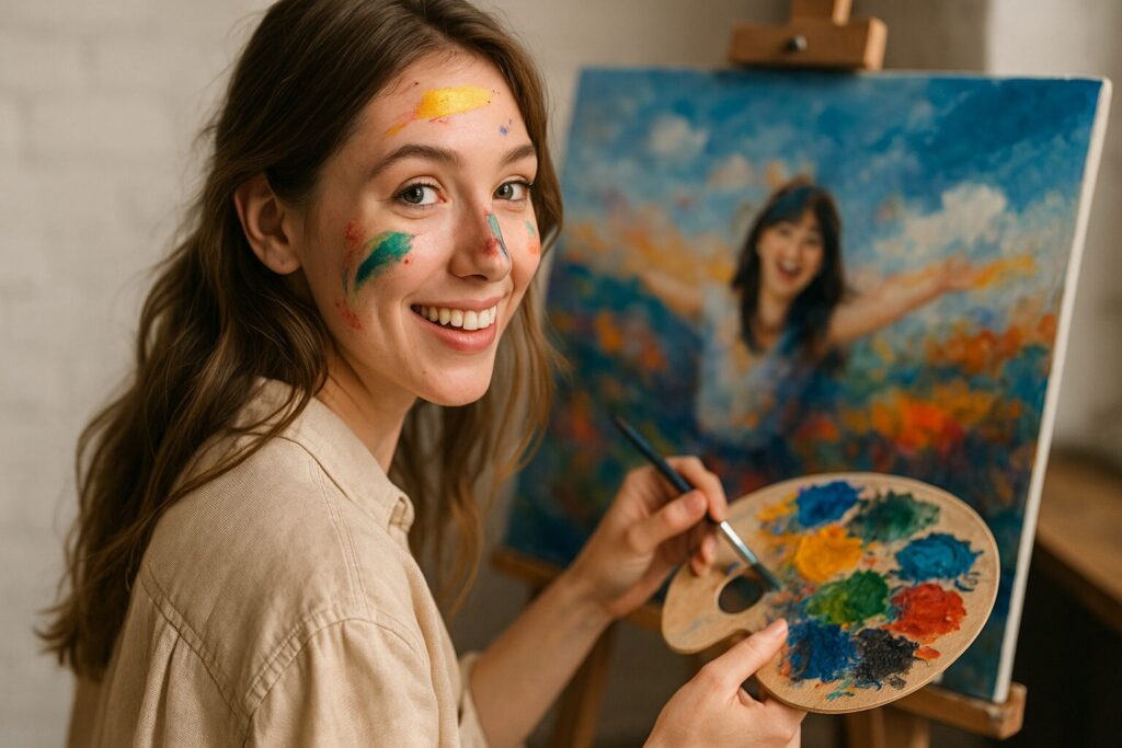 様々な色のパレットを使って、絵を描きながら振り返る女性モデルの顔に絵具がついている。