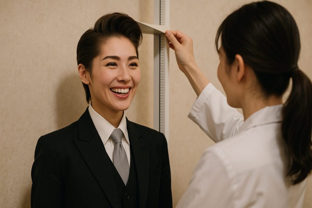 笑顔で身長を計測される歌劇団の男役