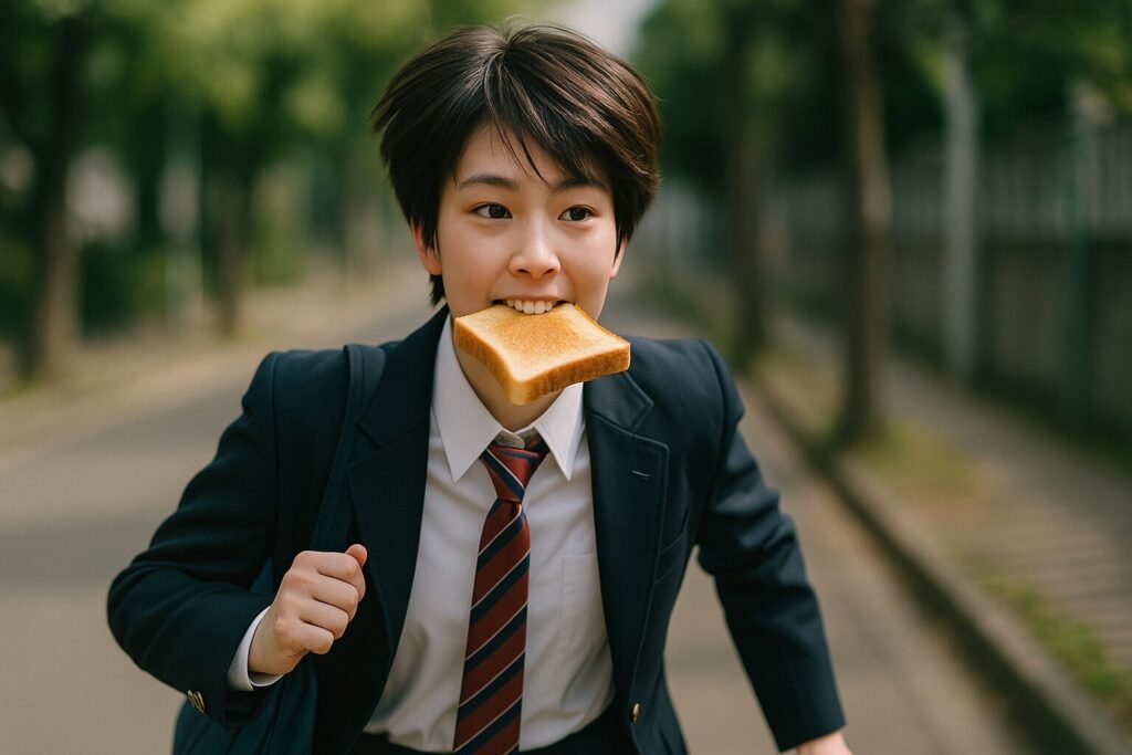 トーストを口にくわえて走るボーイッシュな女子高生