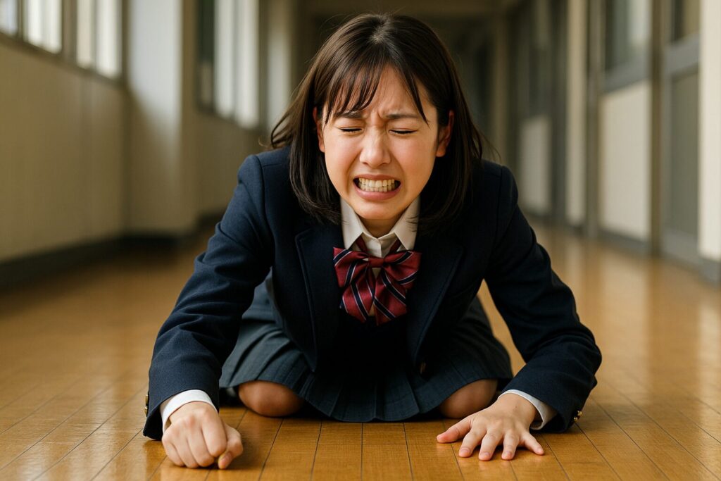 床を叩いて悔しがるボーイッシュな女子高生