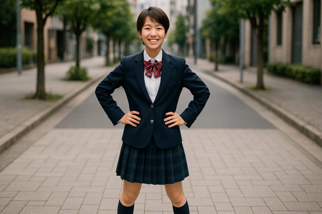 笑顔で仁王立ちするショートヘアの女子高生
