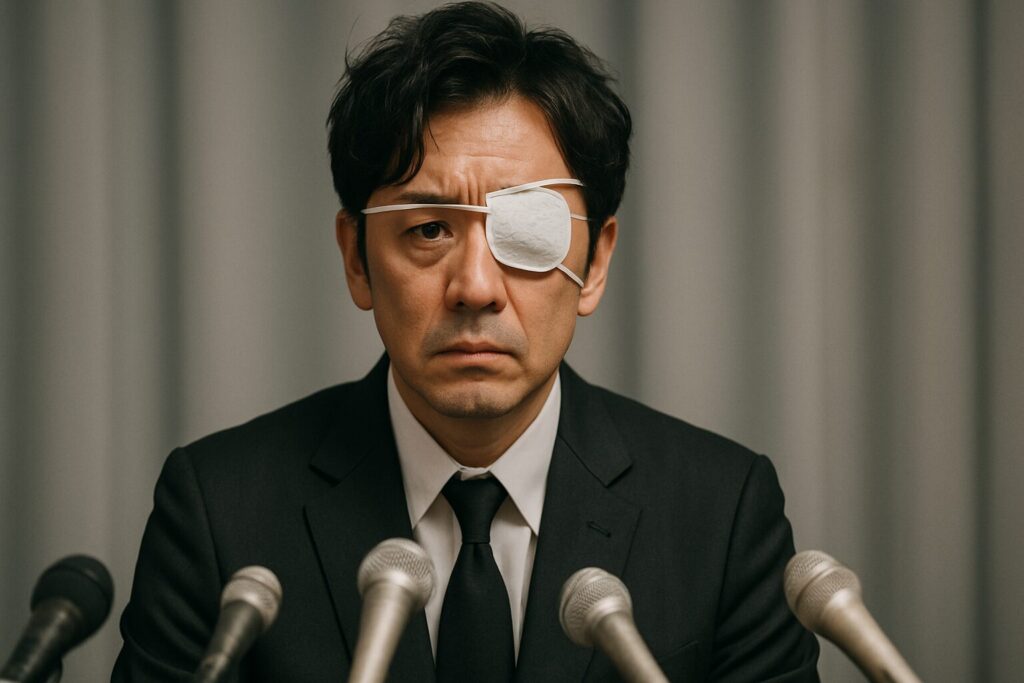 深刻な表情で記者会見をする眼帯をつけた男性芸能人