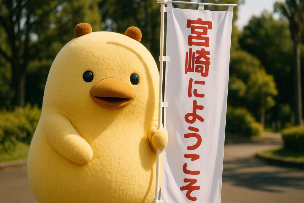 「宮崎にようこそ」と書かれたのぼりを掲げるゆるキャラ