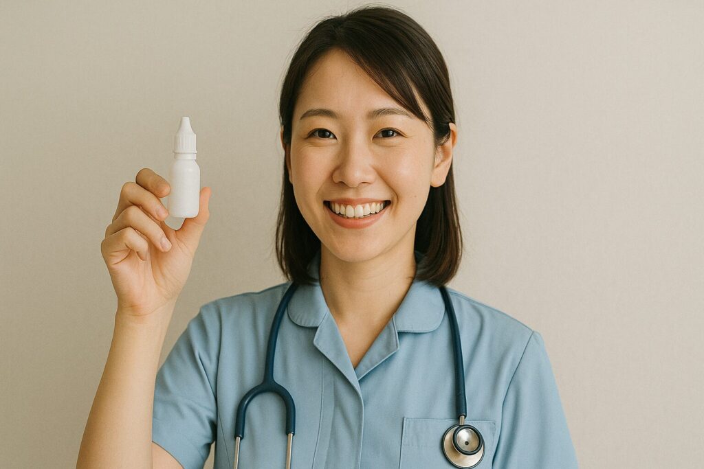 笑顔で目薬を見せる女性看護師