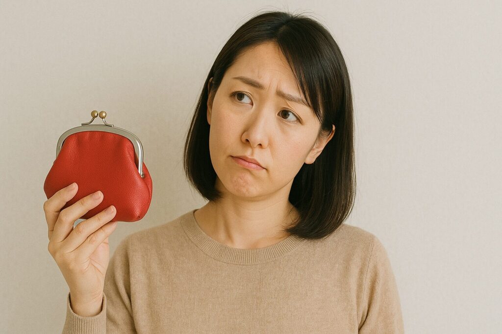 がま口財布を持って首をかしげる日本人女性