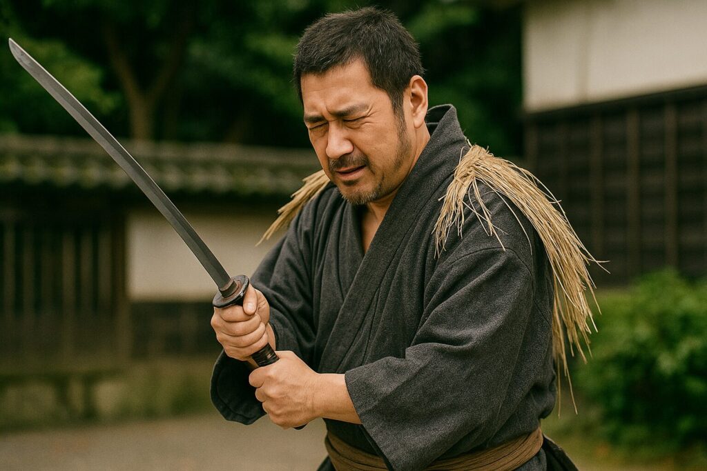 演技をする座頭市のコスプレイヤー
