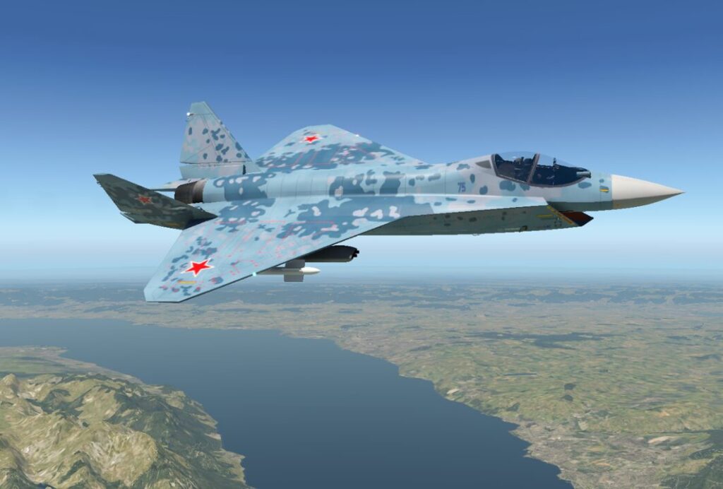 大河の上空を飛行中の戦闘機