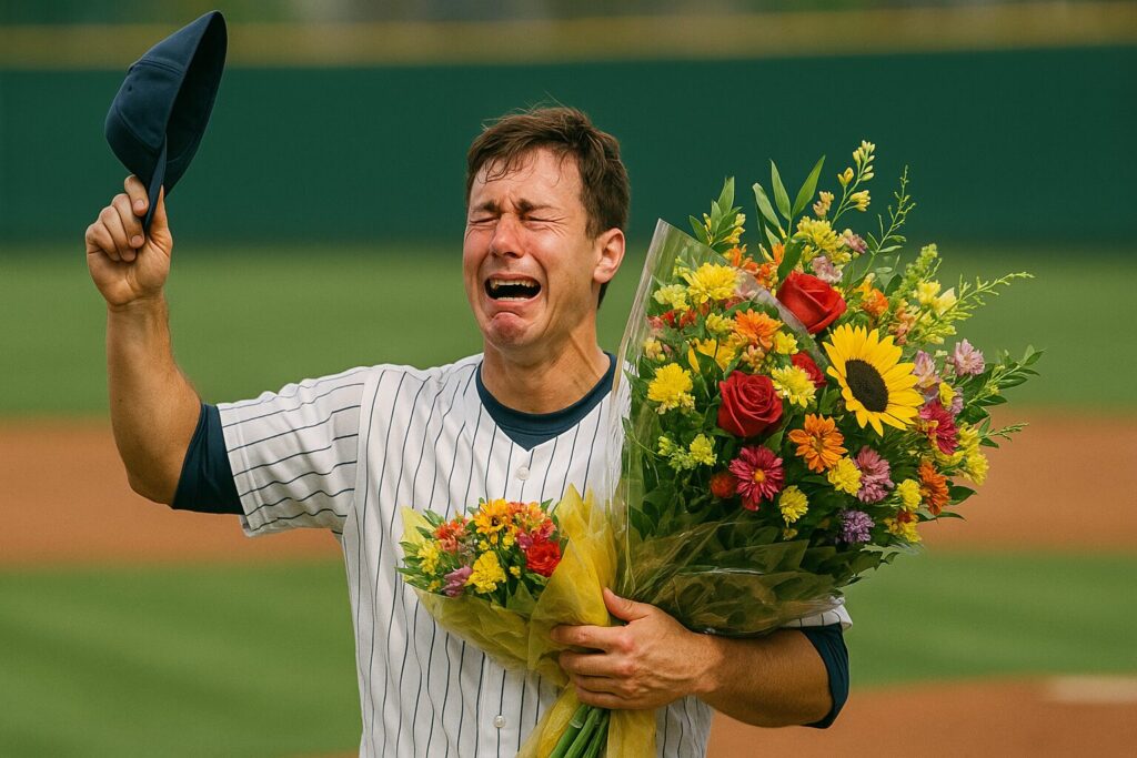花束を抱えて泣きながら観客に帽子を振るプロ野球選手