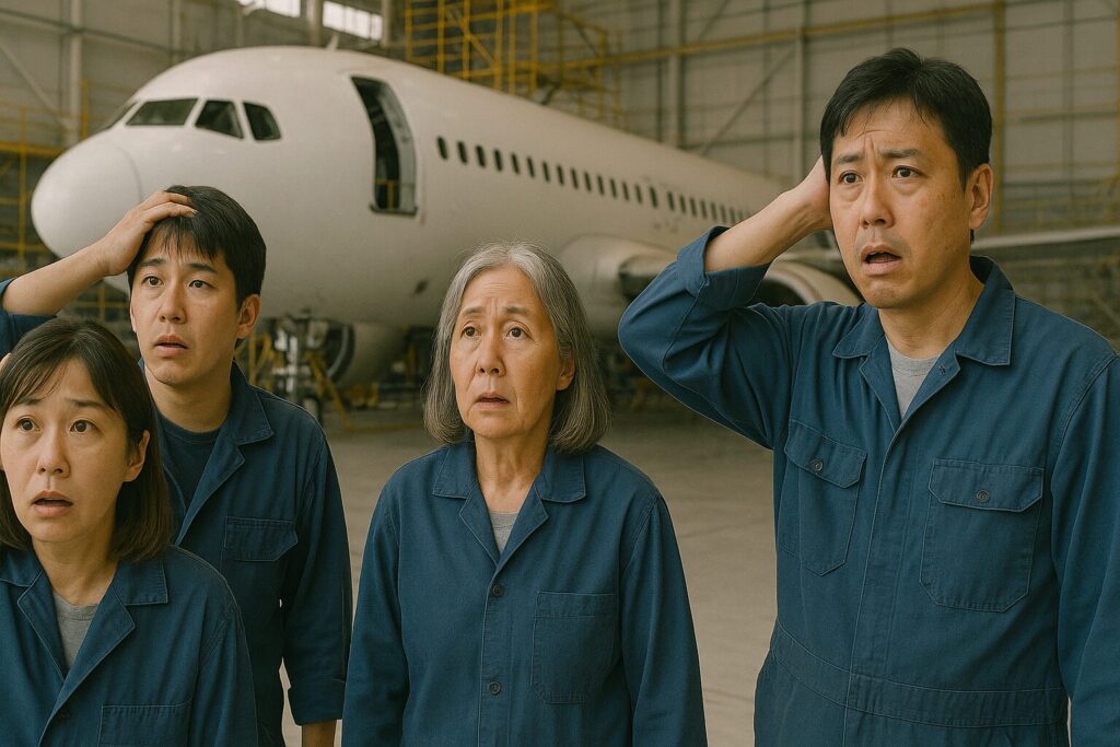 航空機の工場で茫然自失の従業員たち