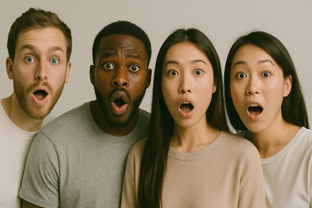 驚きの表情を浮かべる白人、黒人、アジア人の男女