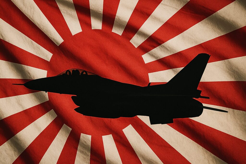はためく大きな旭日旗を背景に浮かぶ戦闘機のシルエット