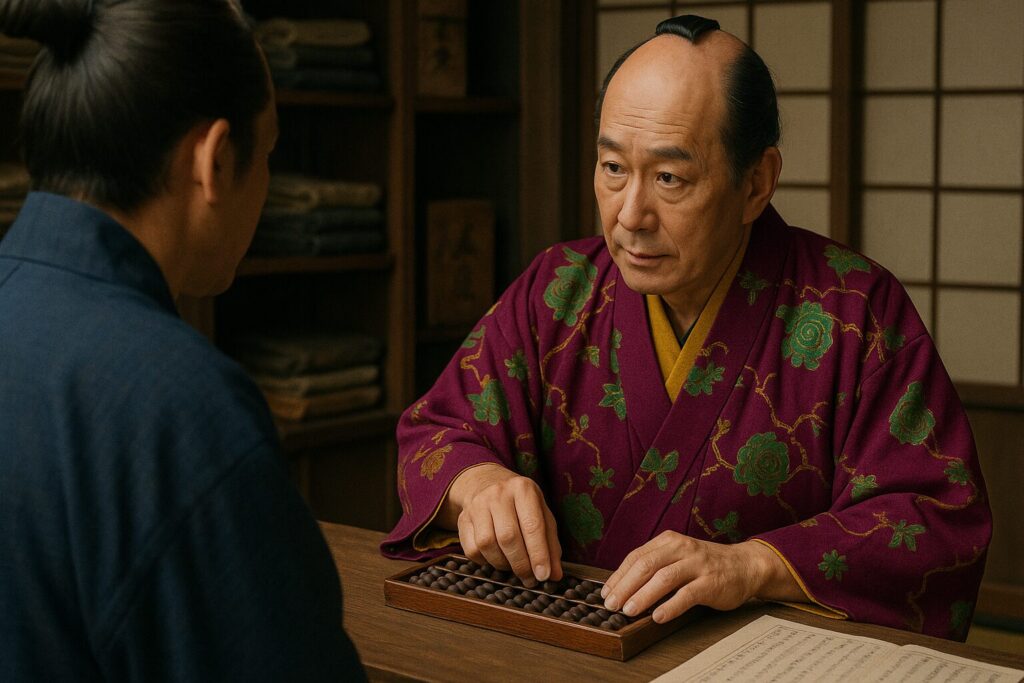 そろばんを使って商談をする時代劇の番頭さん