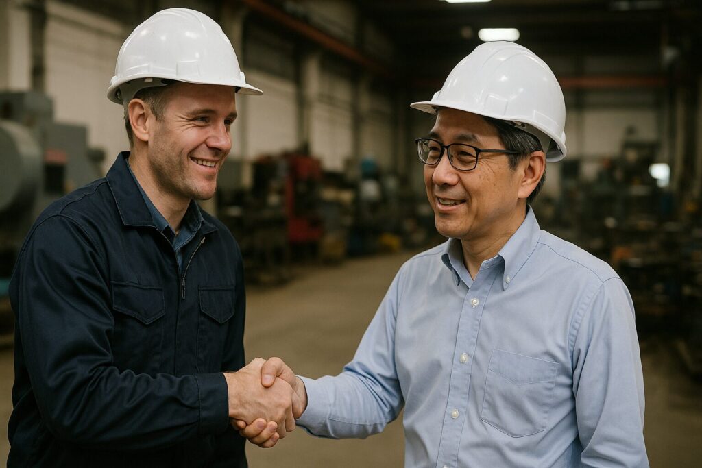 日本人技術者と握手する白人エンジニア