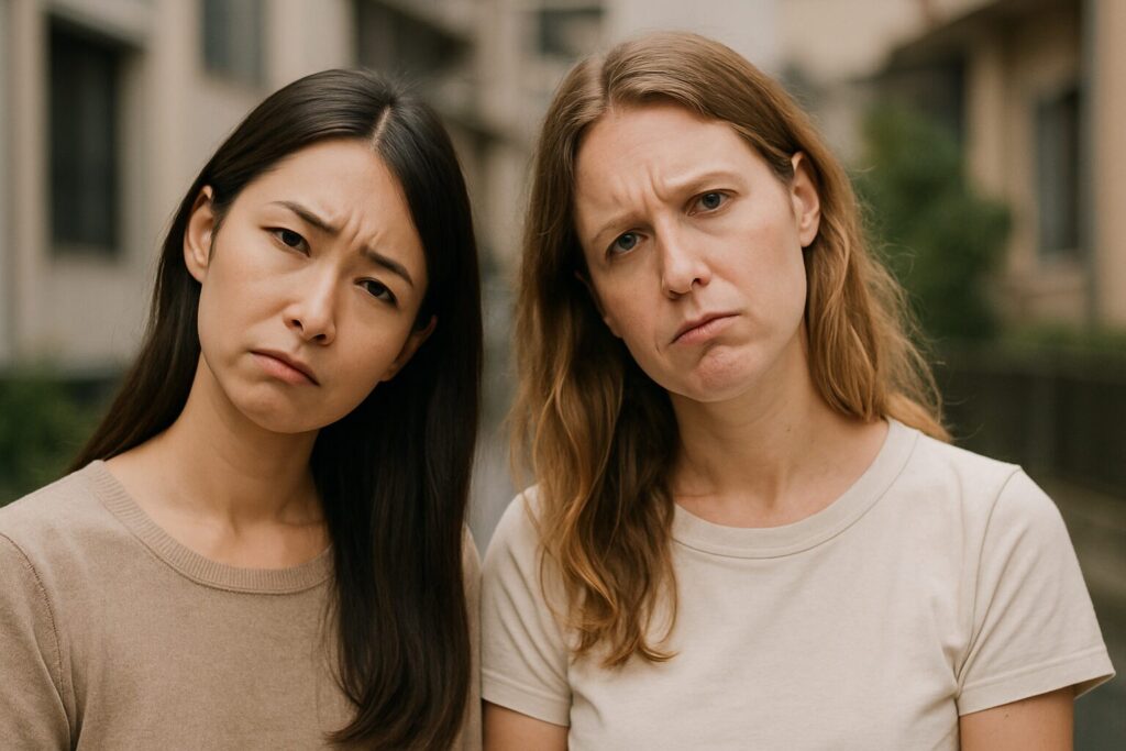 首をかしげる日本人女性と白人女性