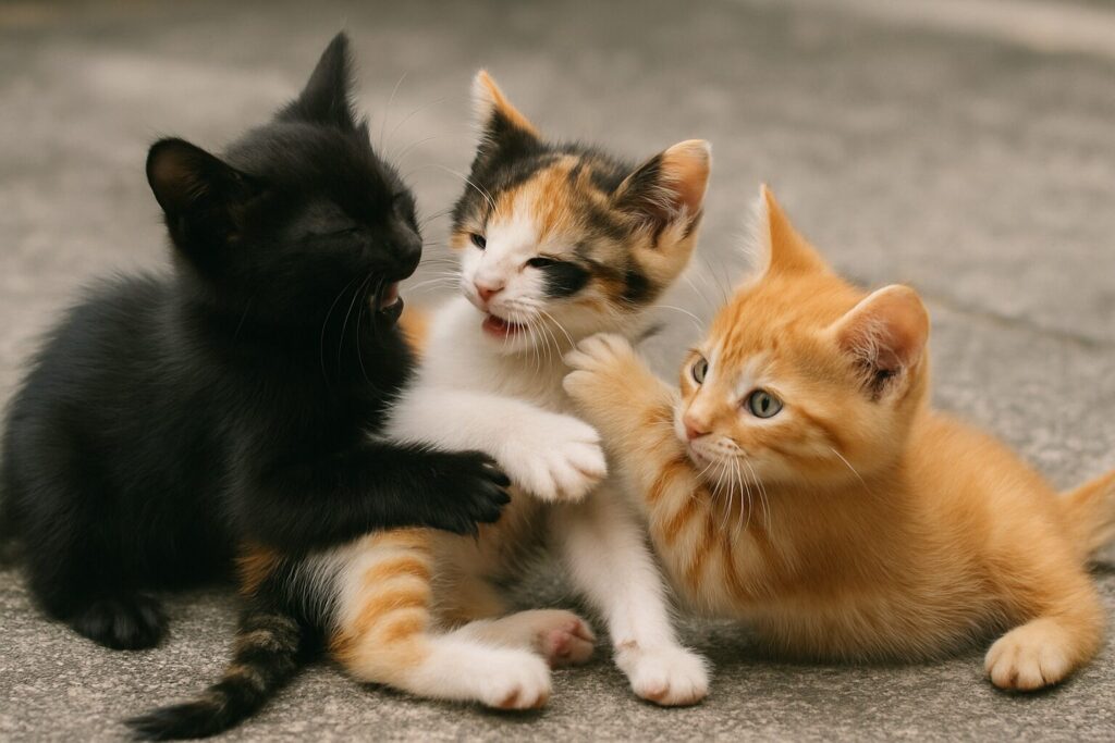 黒、三毛、茶トラの子猫がじゃれ合う