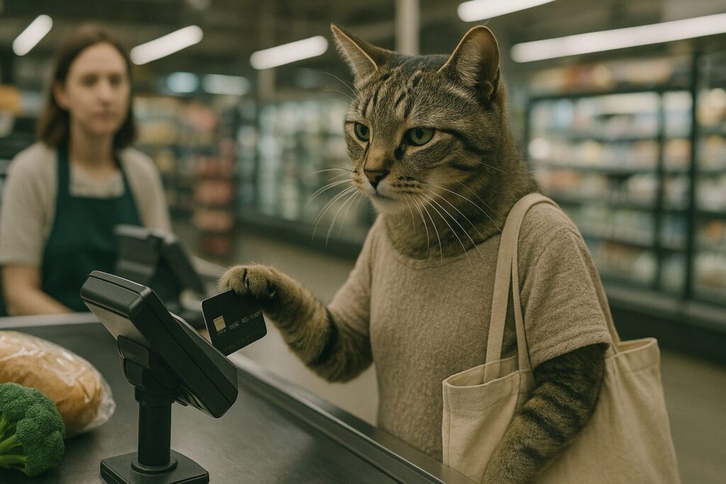 スーパーのレジで支払いをする猫の主婦