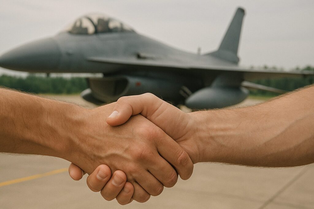 戦闘機を背景に握手をする手のアップ