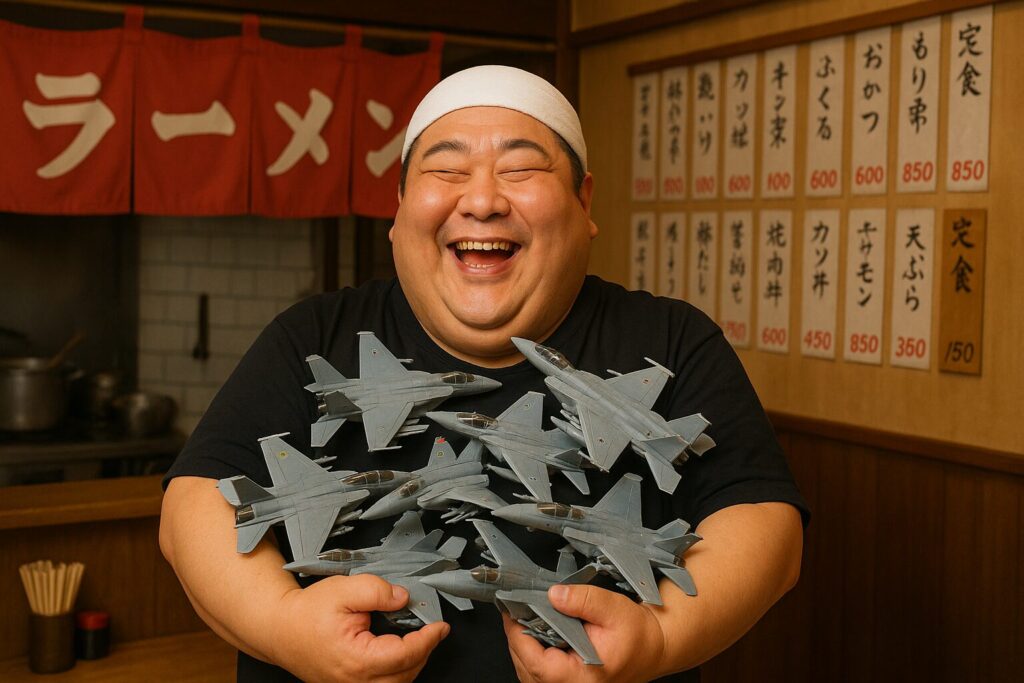 たくさんの戦闘機のおもちゃを抱えて笑う太ったラーメン屋の店主