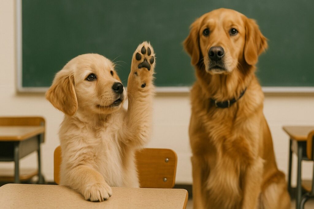 犬の先生に手を挙げて質問する子犬の生徒