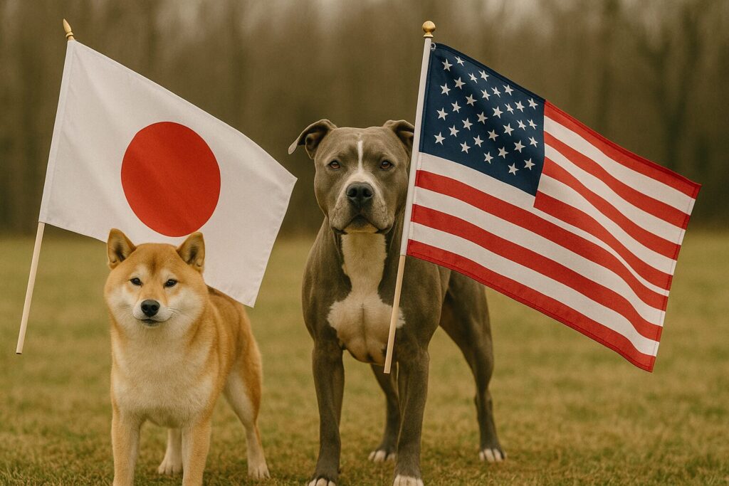 大きな日の丸を振る柴犬と星条旗を振るピットブル