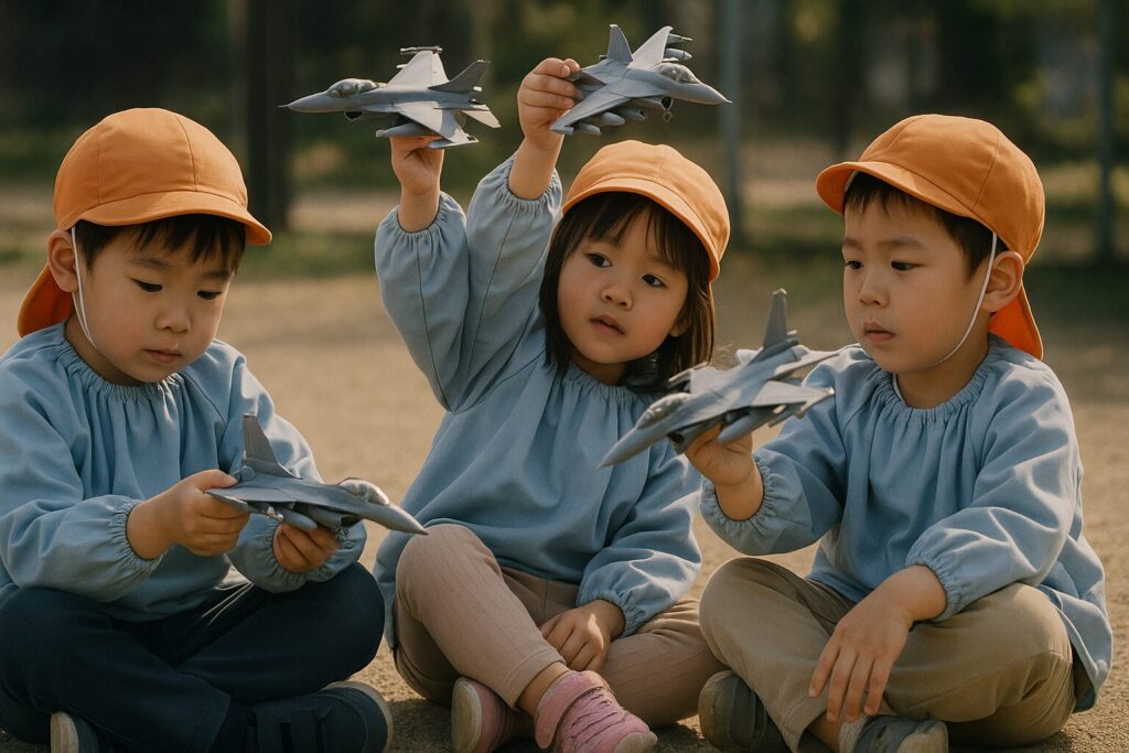 戦闘機の模型で遊ぶ3人の幼稚園児