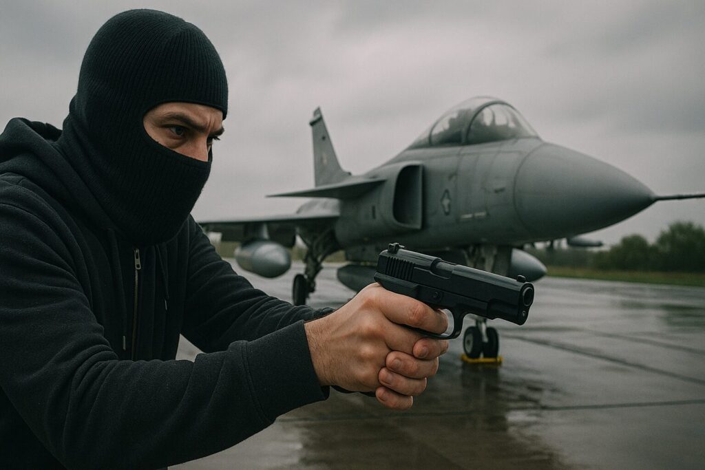 戦闘機を狙う覆面をした泥棒