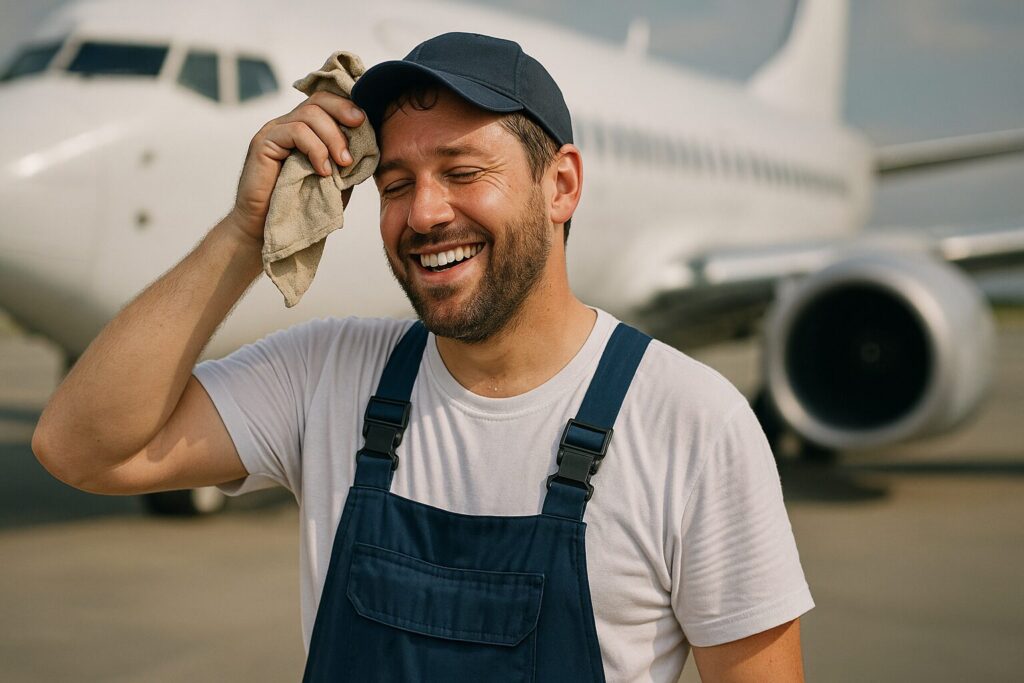 笑顔で汗を拭く航空機のメカニック