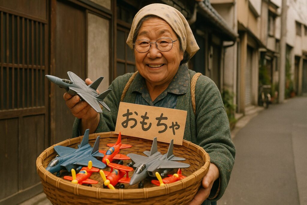 昭和の行商のおばちゃんが戦闘機のおもちゃを売る