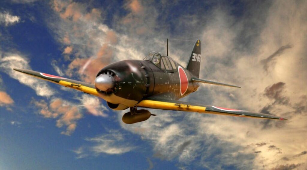 飛行中のレシプロ戦闘機イラスト