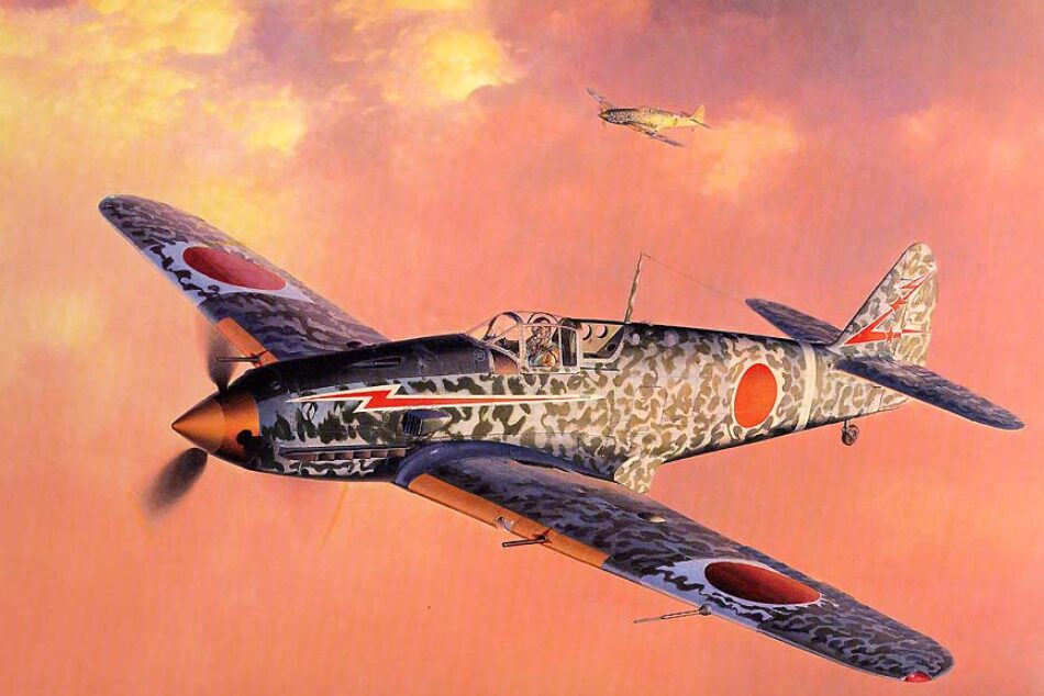 飛行中の水冷レシプロ戦闘機イラスト