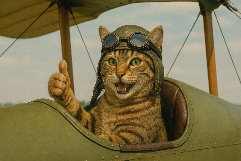 複葉機のコクピットから笑顔で親指を立てる猫のパイロット