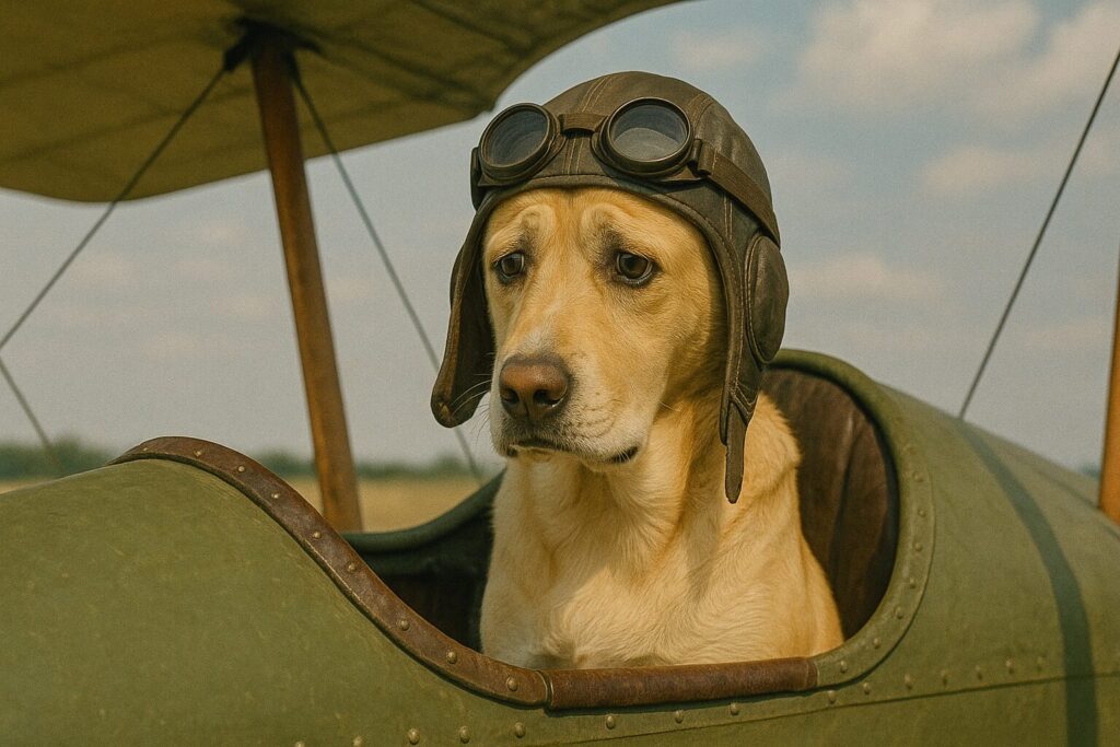 複葉機のコクピットで困り顔の犬のパイロット