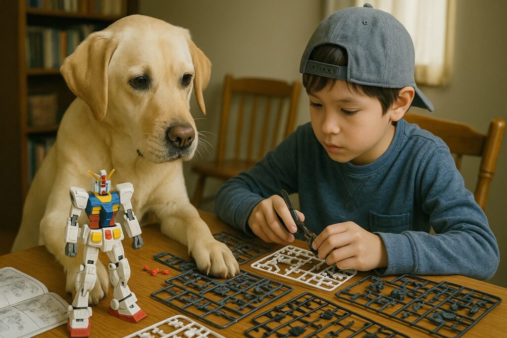 ガンプラ製作に夢中のラブラドールと小学生