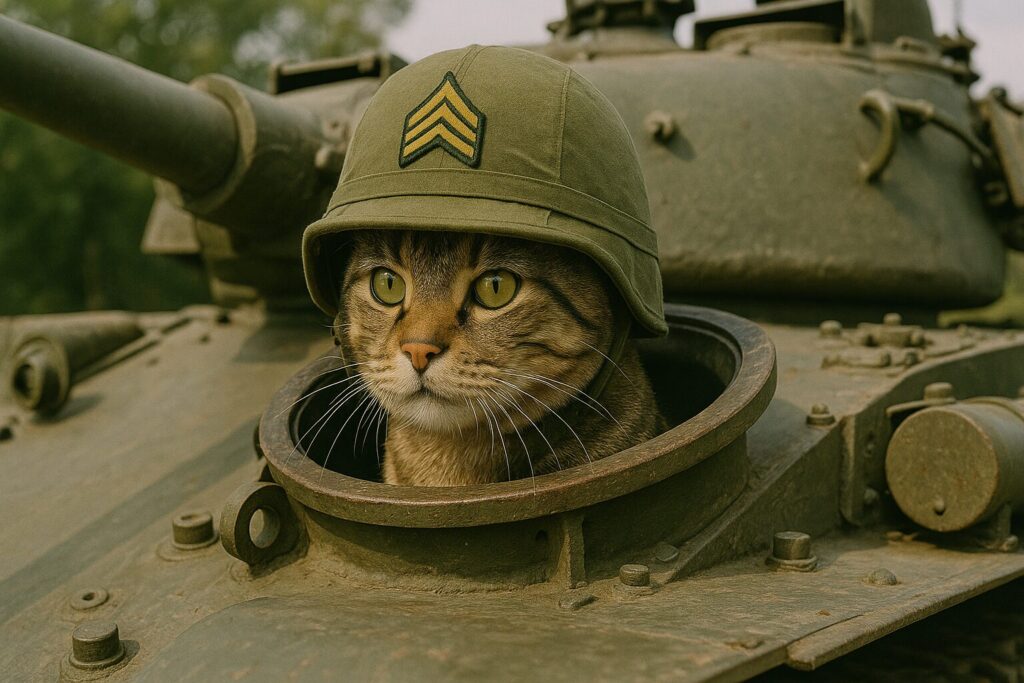 戦車のハッチから顔を出すネコの軍曹