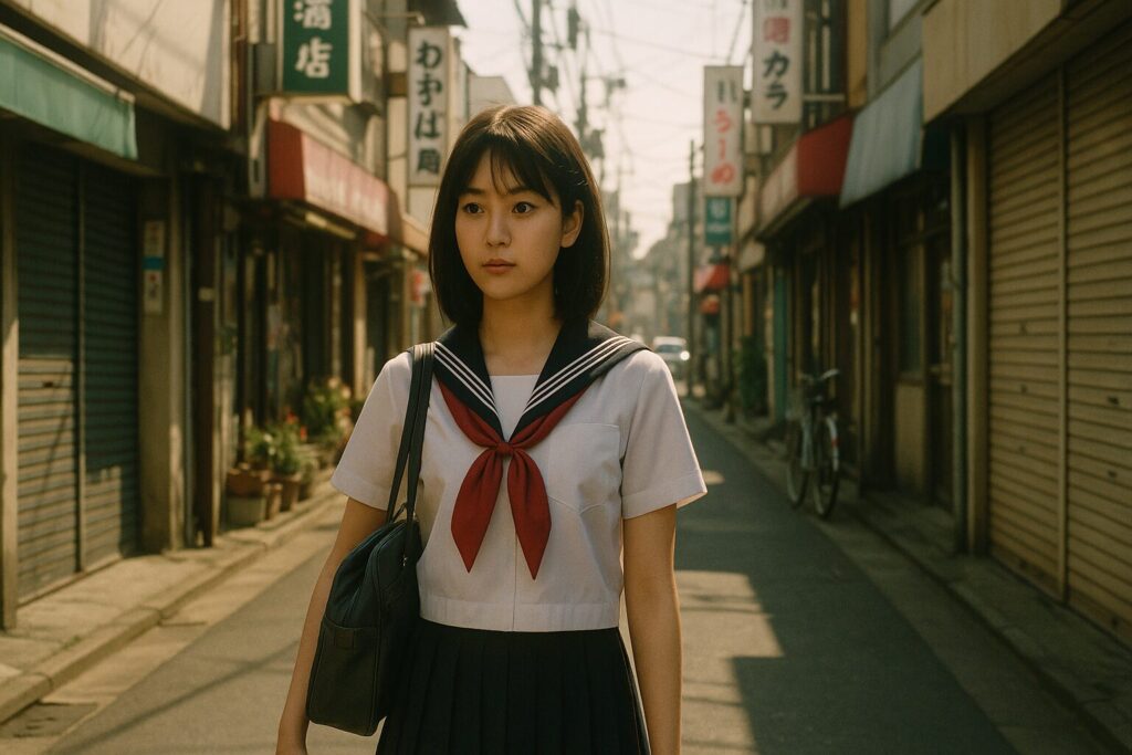 80年代の日本的な街並みと女子高生