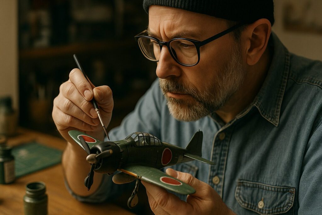 零戦のプラモデルに慎重に塗装する職人さん