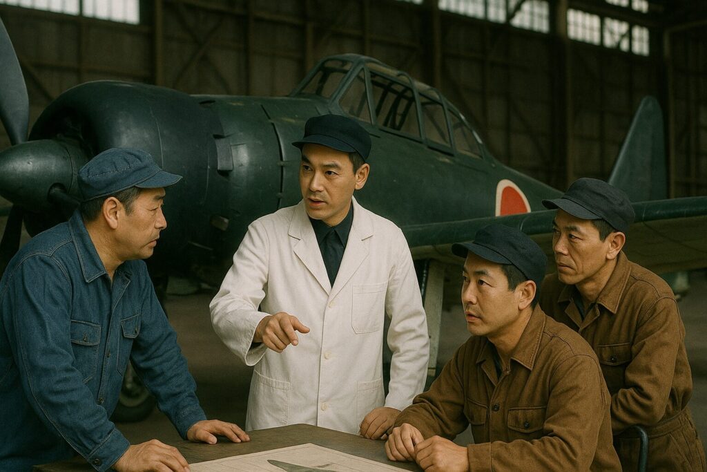 製造中の零戦を囲む作業員たちと指揮をとる白衣の設計技師