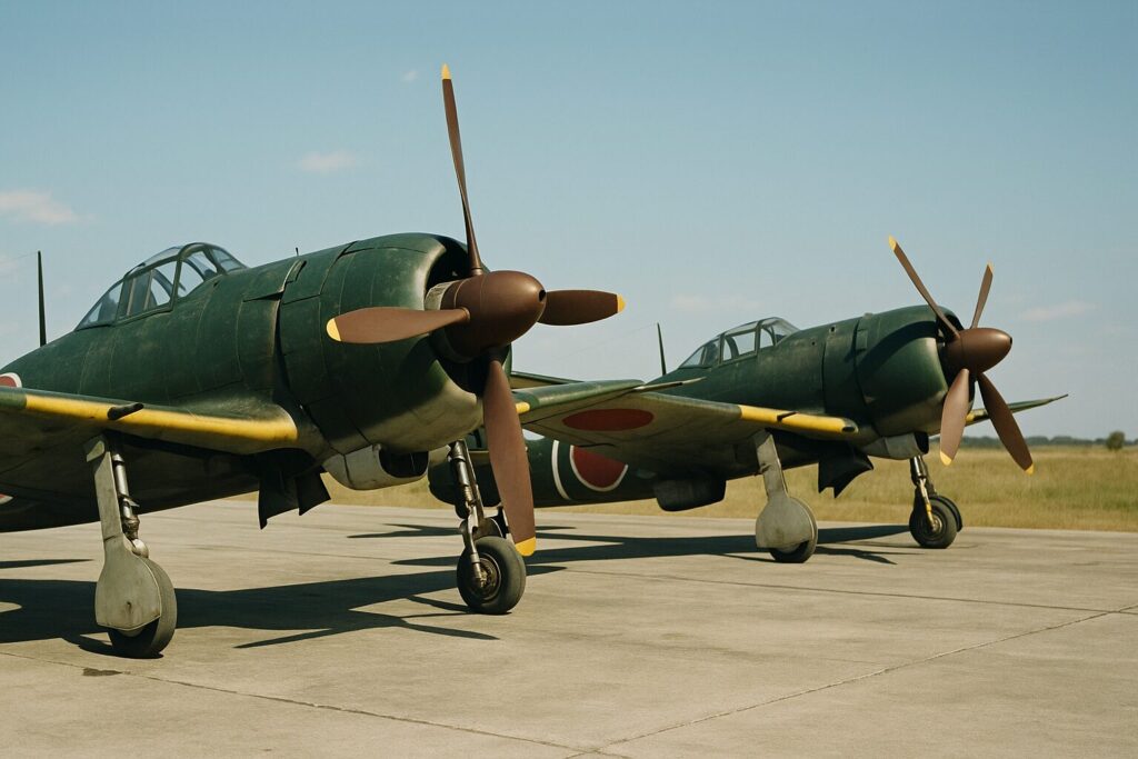 2機並んで駐機中のレシプロ戦闘機