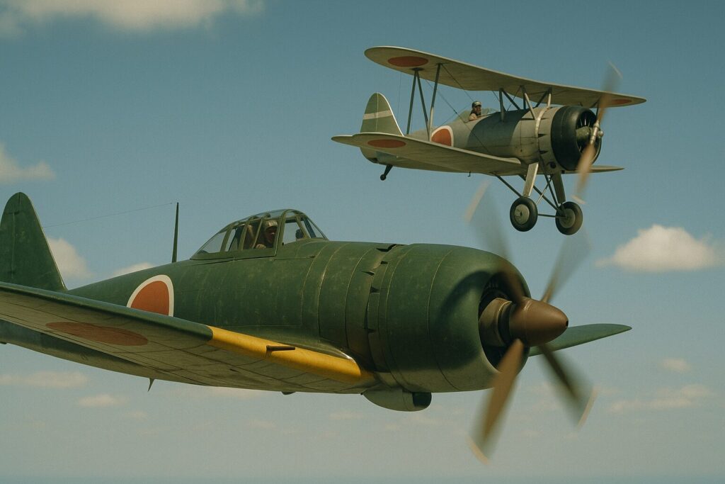 並んで飛行中の複葉と単葉レシプロ戦闘機