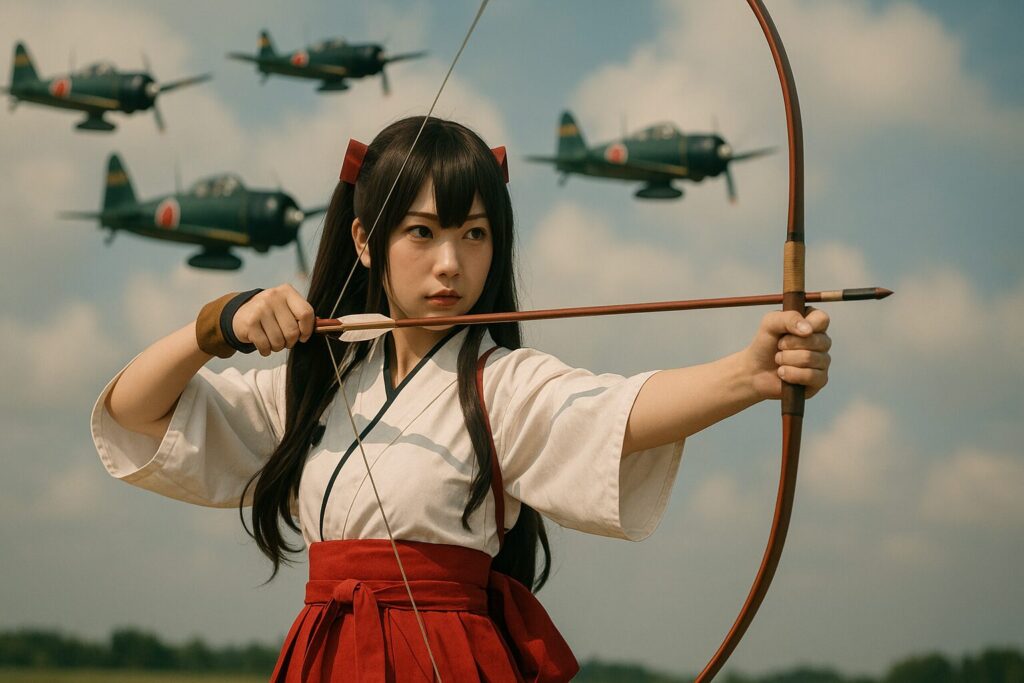 アニメ「艦これ」のコスプレ女子
赤い袴を着用して和弓を構えている
背景は零戦の編隊