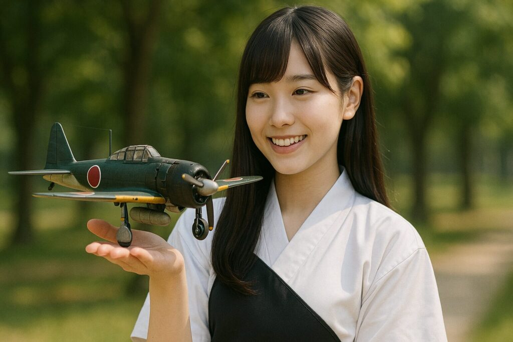 零戦の模型を手にのせて微笑む弓道部の女子高生
