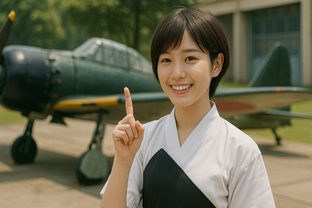 人差し指を立てて微笑む弓道部の女子高生
背景は駐機中の零戦
髪型はショート