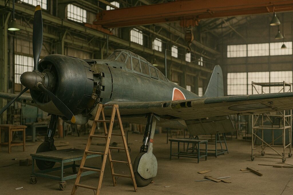工場で改修中のレシプロ戦闘機