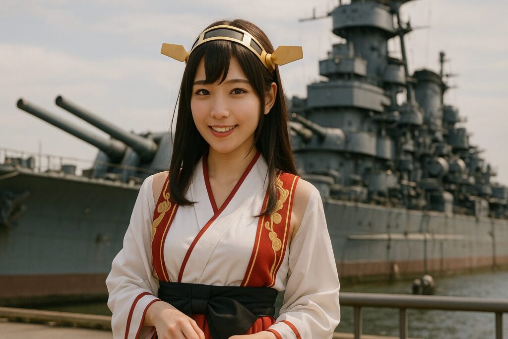 アニメ「艦これ」戦艦女子のコスプレをする女子高生
背景は戦艦