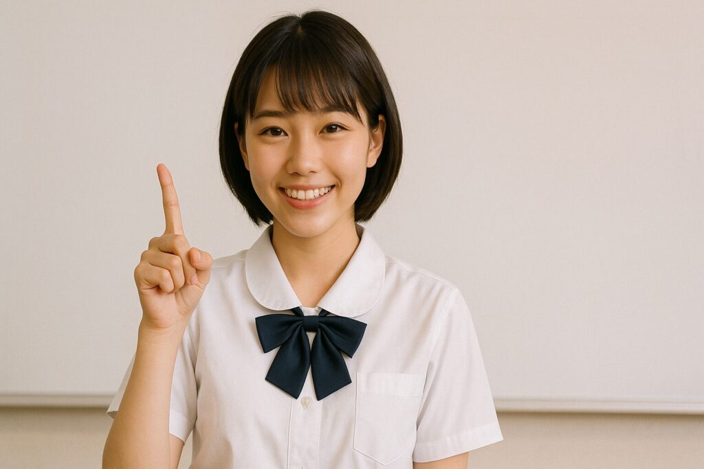 人差し指を立てて微笑む女子高生
背景はホワイトボード