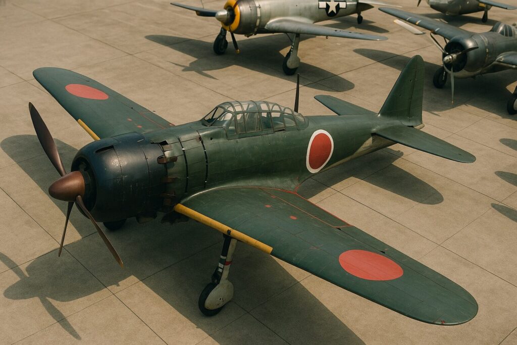 駐機中の零戦52型
背景は駐機中の各種レシプロ戦闘機